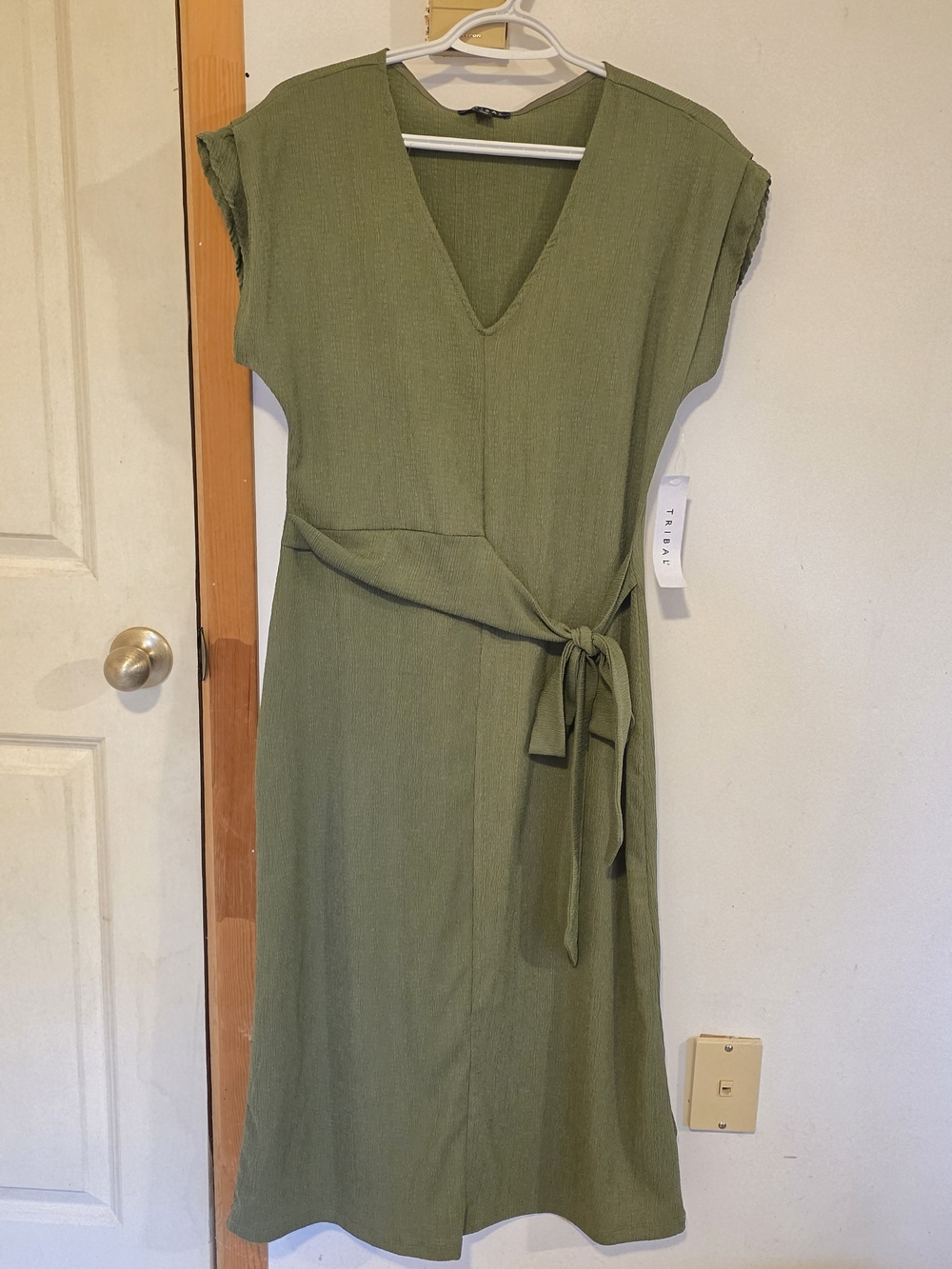 Tribal Olive Green Midi Dress with Tie Waist